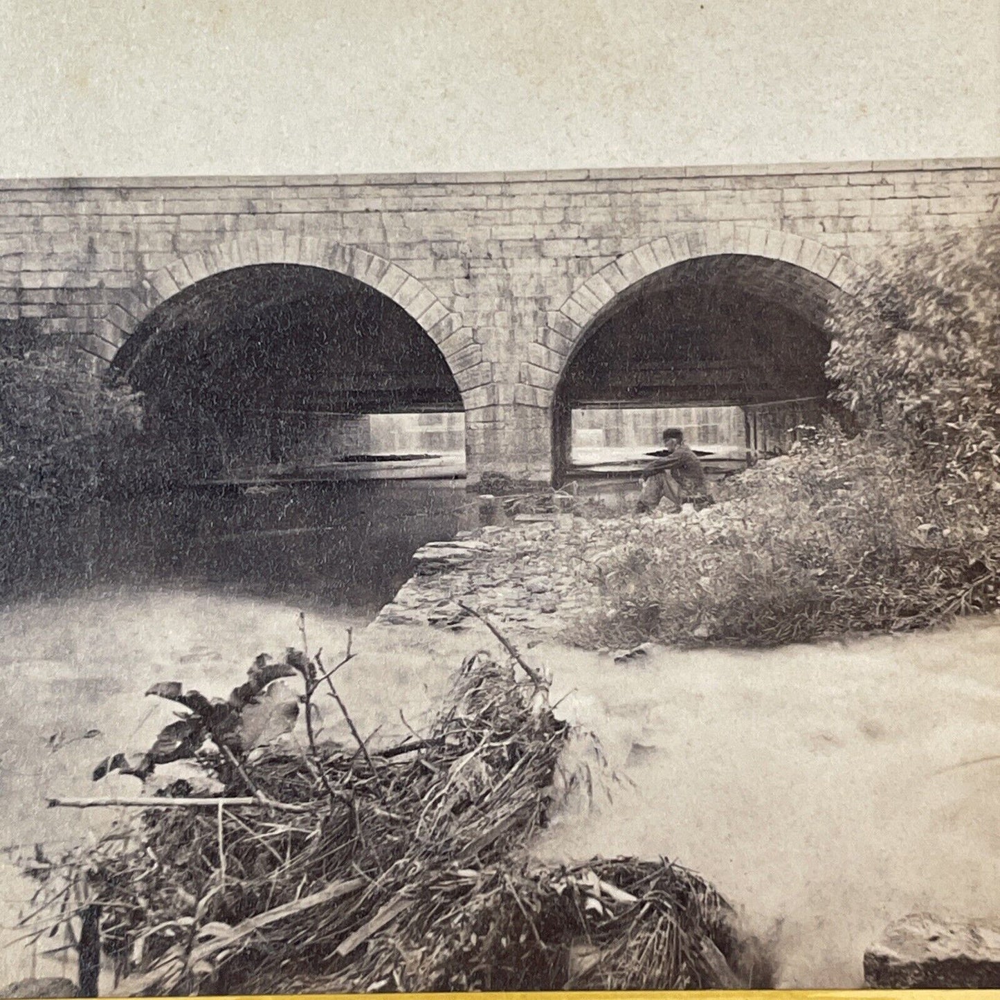 Johnstown Bridge Of Death? Stereoview Stone Arch Bridge Antique c1870 X2564