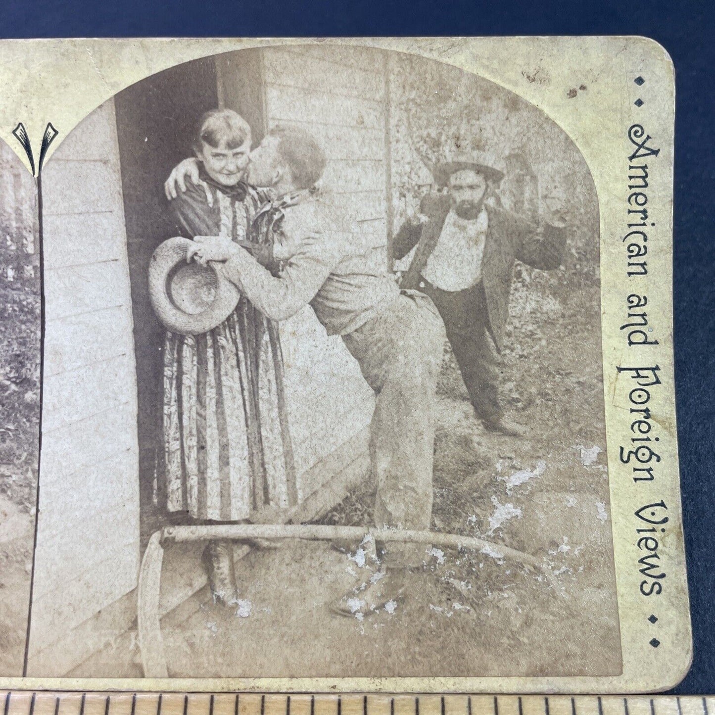 Antique 1892 Man Beats Friend For Kissing Wife Stereoview Photo Card P3338