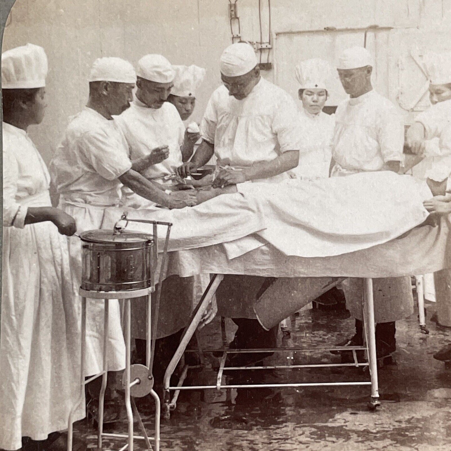 Surgeons Surgery On Patient In Japan Hospital Stereoview Antique c1905 X3119