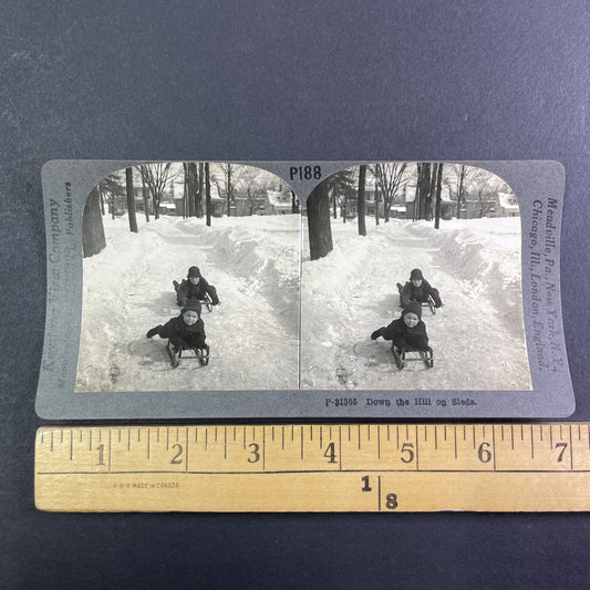 Children Sledding in Winter Stereoview Scarce Late View Antique c1935 Y1354