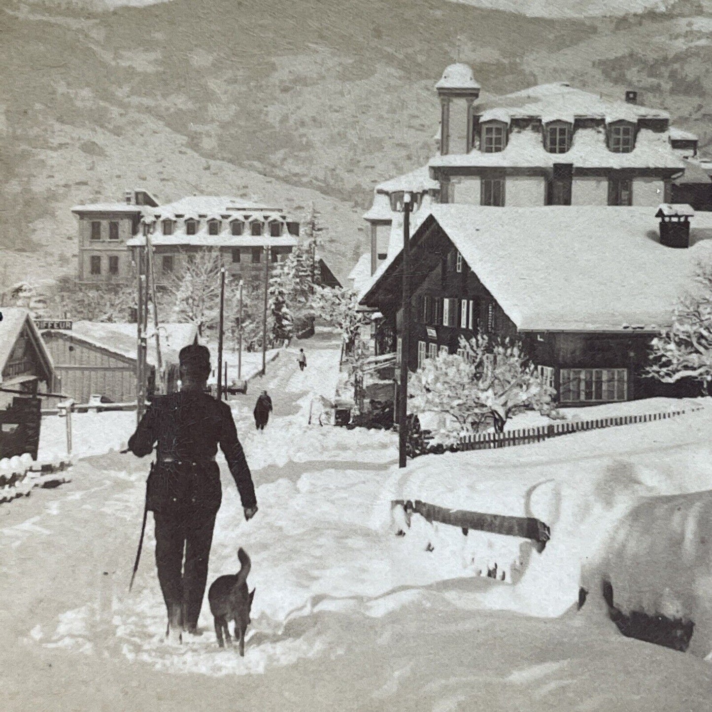 Antique 1901 Man Walks Dog In Deep Snow Switzerland Stereoview Photo Card P3954