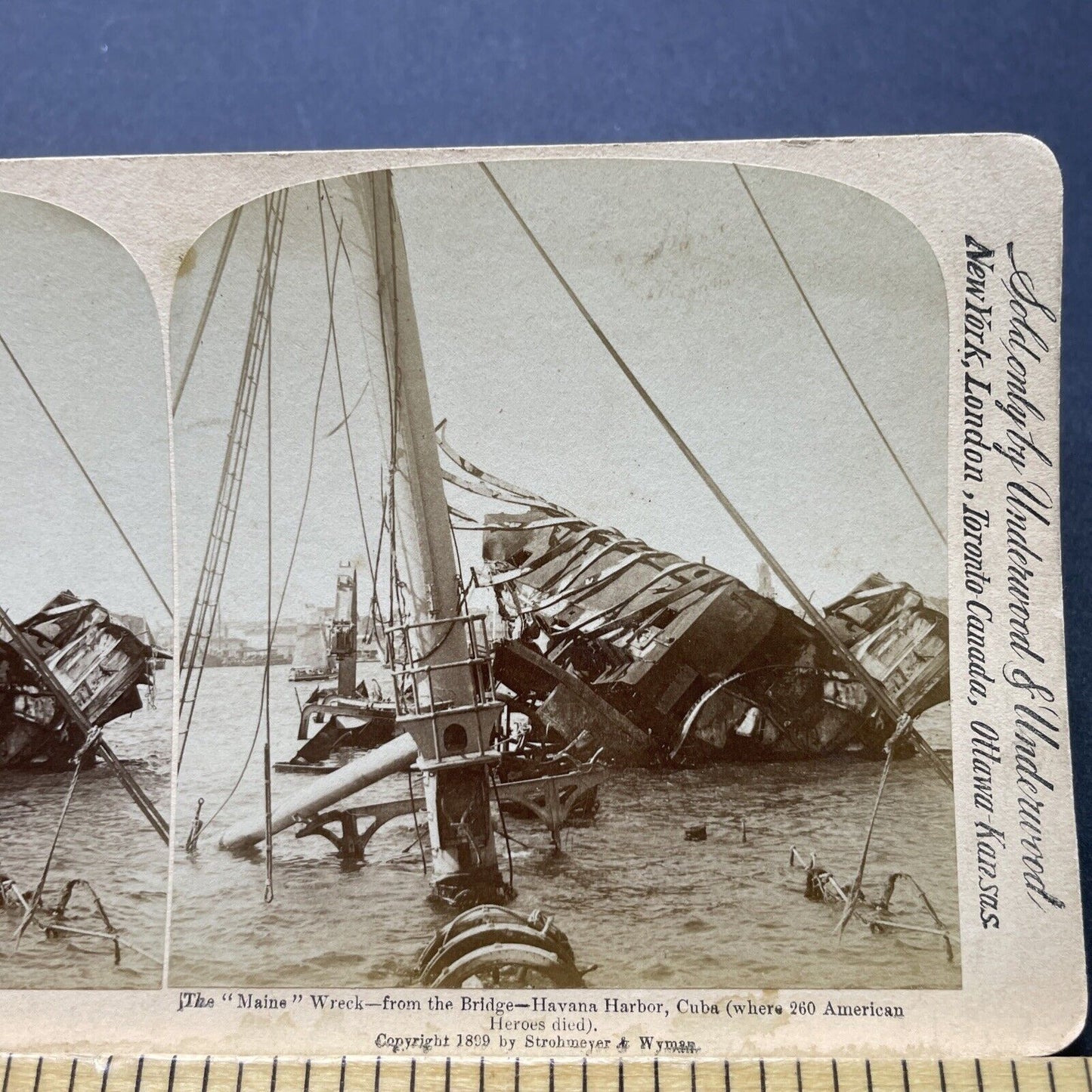 Antique 1899 Sinking Of USS Maine In Havana Cuba Stereoview Photo Card P2362