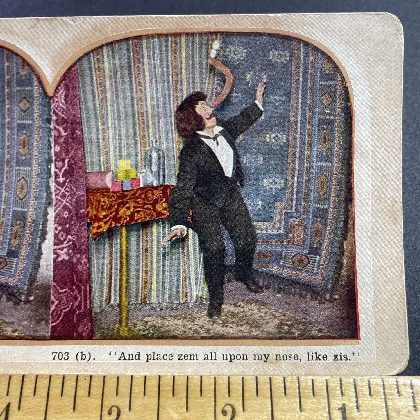 Antique 1906 Circus Magician Balancing A Sausage Stereoview Photo Card Q2260