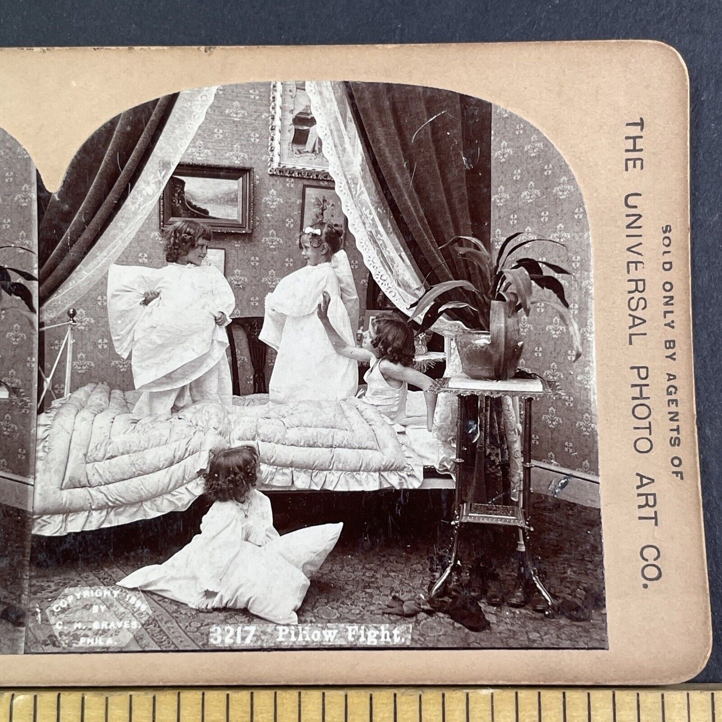 Children Having A Pillow Fight Before Bed Stereoview Antique c1898 X3169