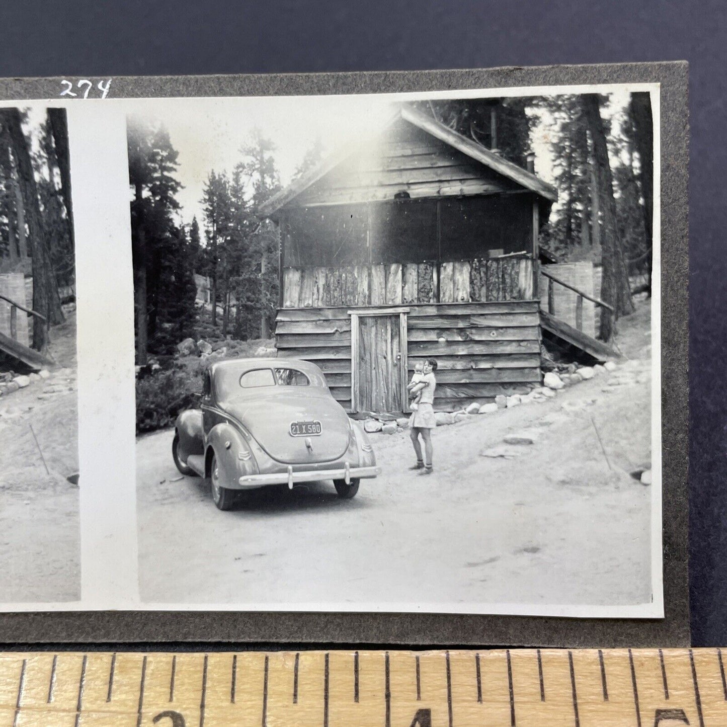 Vintage 1941 Fawnskin Hunting Cabin Big Bear Lake CA Stereoview Photo Card P503