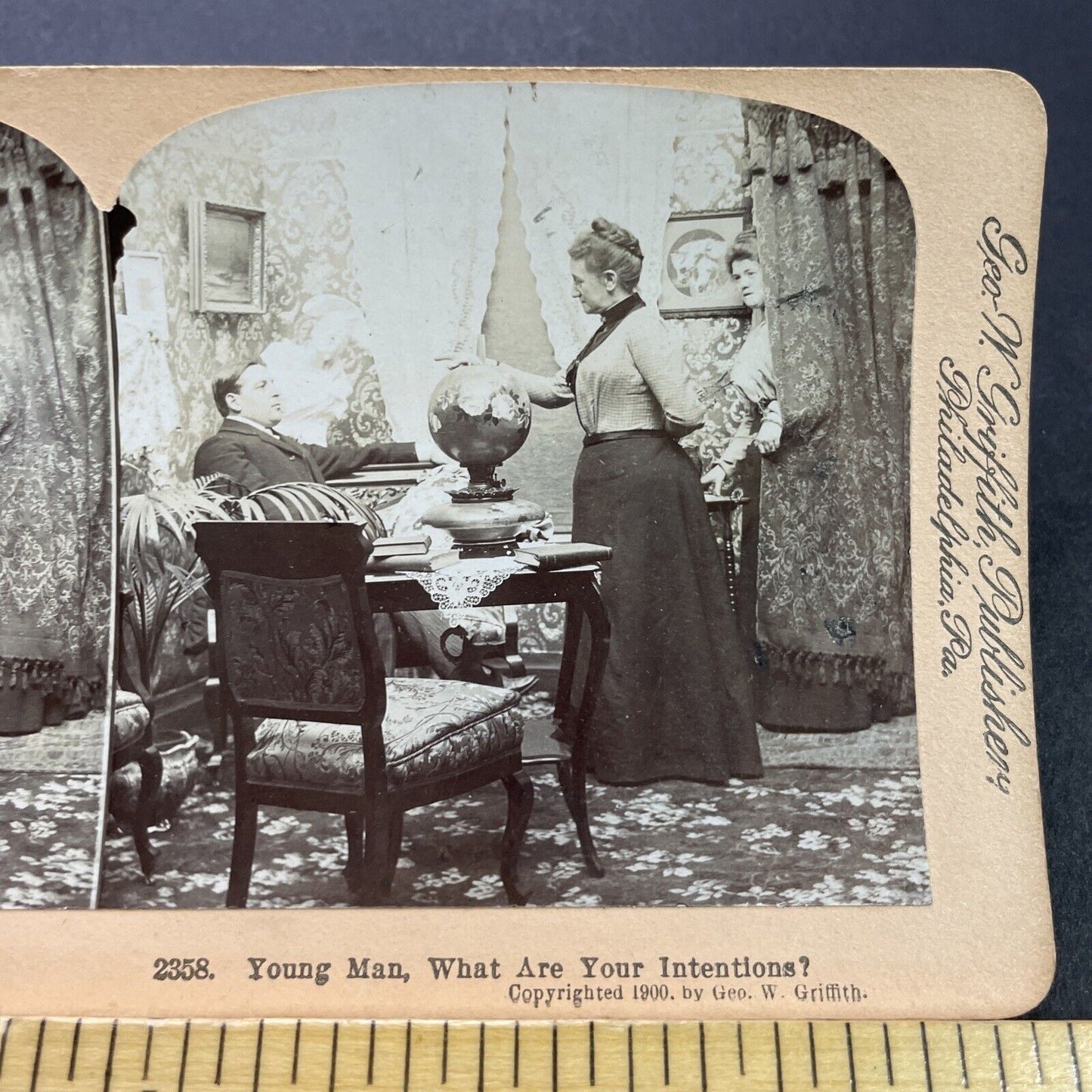 Antique 1900 Mother Scolds Man Dating Daughter Stereoview Photo Card P3542