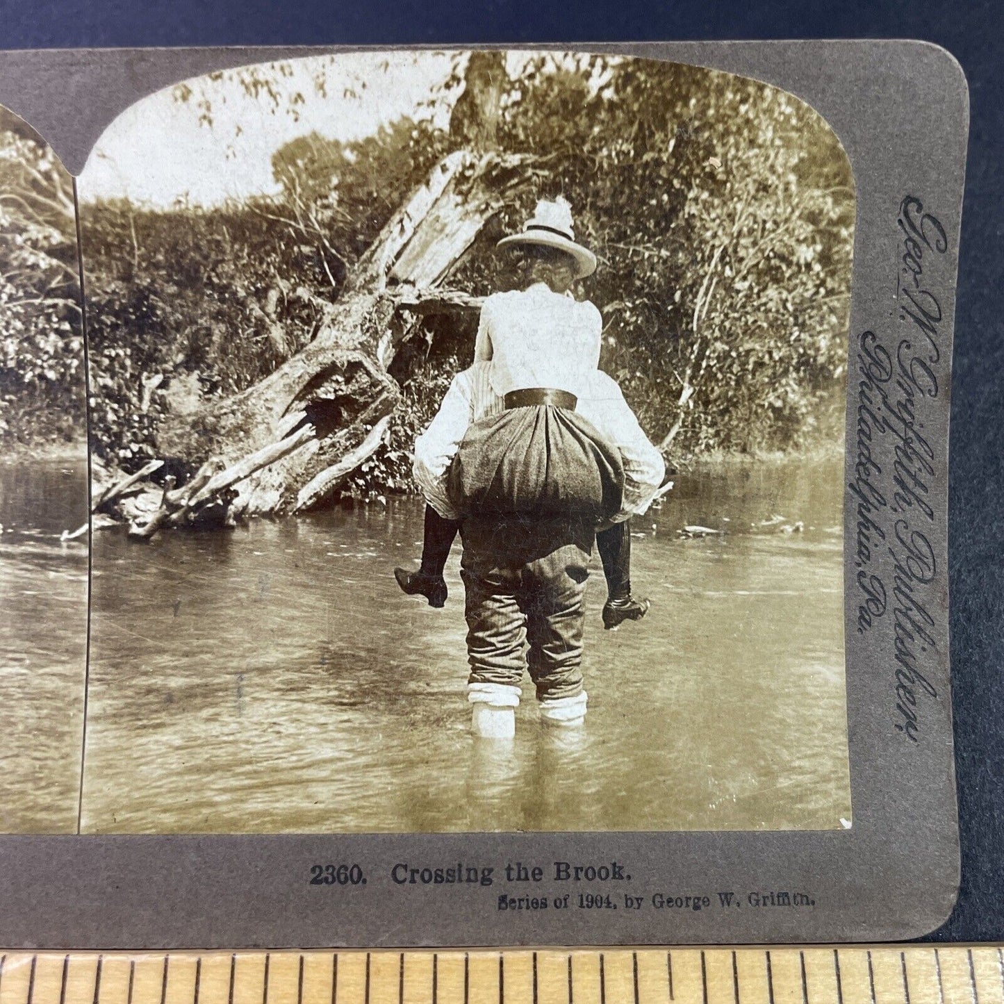 Antique 1904 Man Carries Wife Across A River Stereoview Photo Card P3344