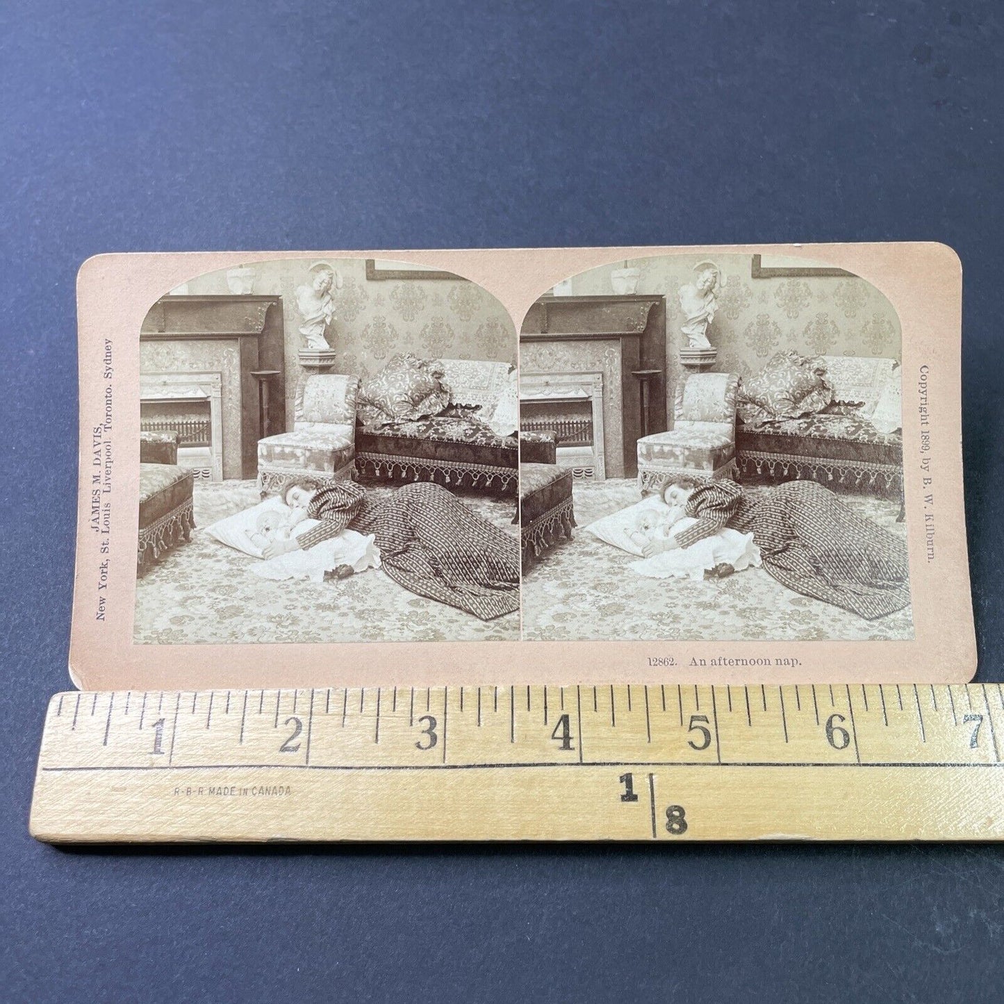 Antique 1899 Mother & Newborn Baby Sleep On Floor Stereoview Photo Card P3011