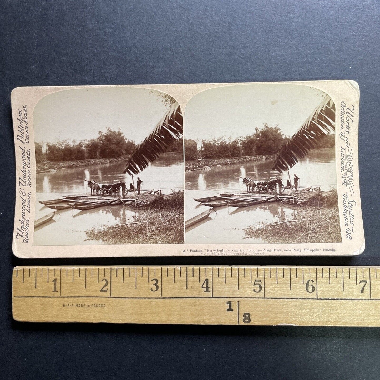 Antique 1899 US Troops Cross Pasig River Philippines Stereoview Photo Card P1291