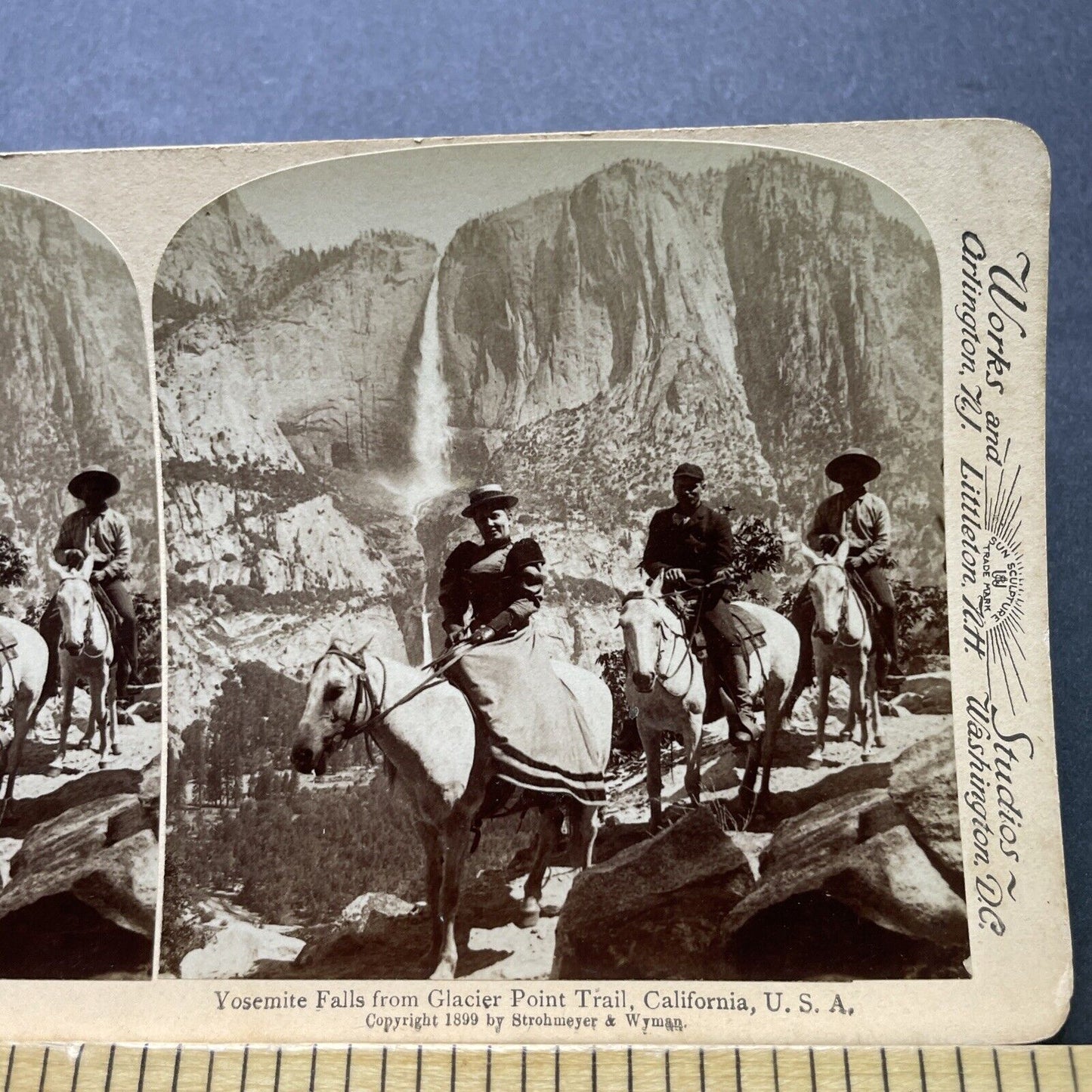 Antique 1899 Yosemite Falls And Horse Travellers CA Stereoview Photo Card P2395