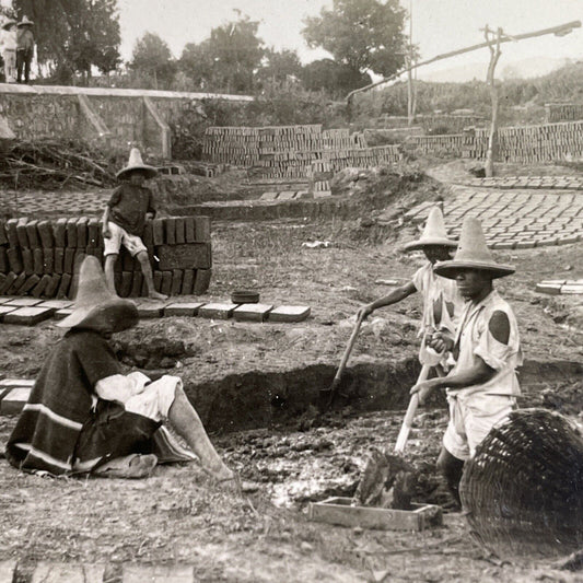 Antique 1918 Brick Factory & Masons In Mexico Stereoview Photo Card P1617