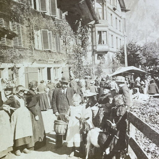 Antique 1900 Grindelwald Street Market Switzerland Stereoview Photo Card P2211