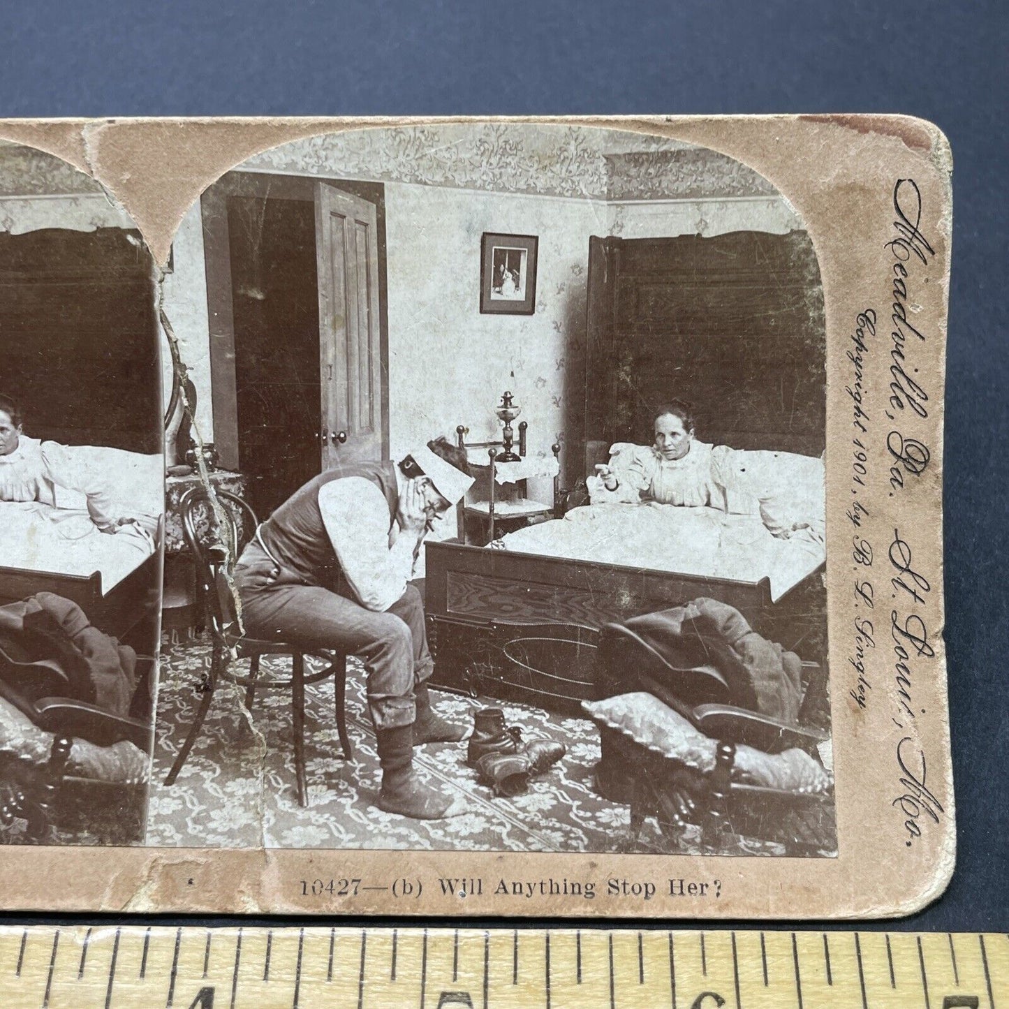 Antique 1901 Woman Yells At Hungover Man CREASED Stereoview Photo Card P2555