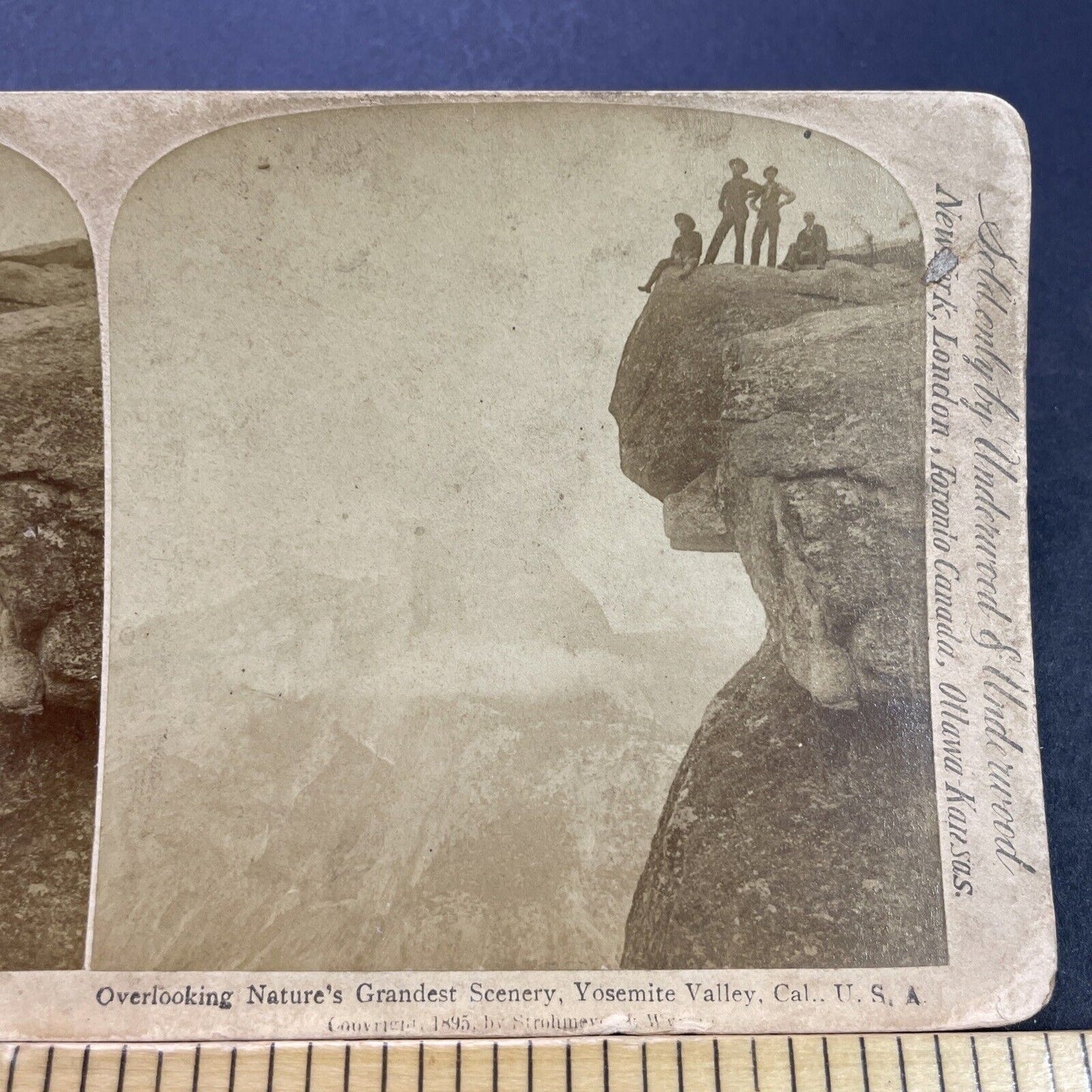 Antique 1895 Men On Cliff Edge Yosemite California Stereoview Photo Card P3579