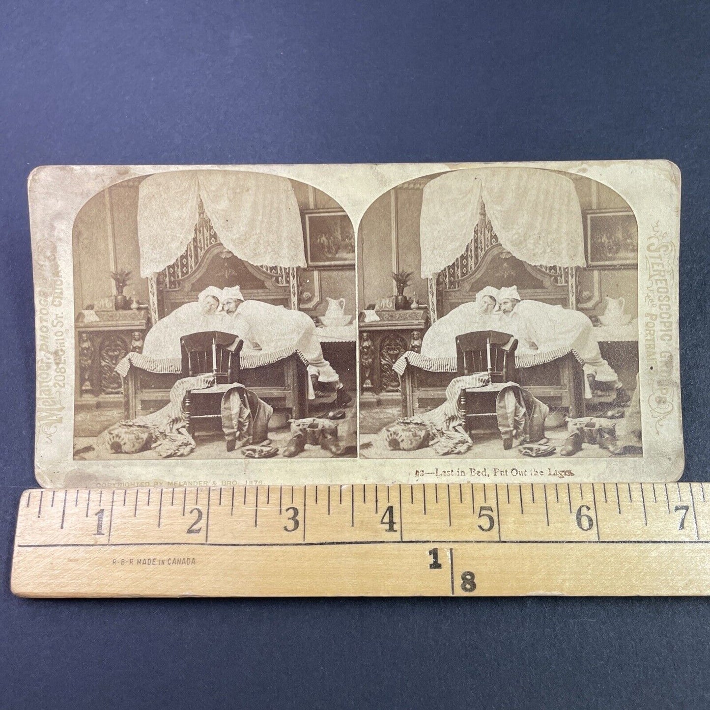 Antique 1876 Married Couple Races Each Other To Bed Stereoview Photo Card P3340