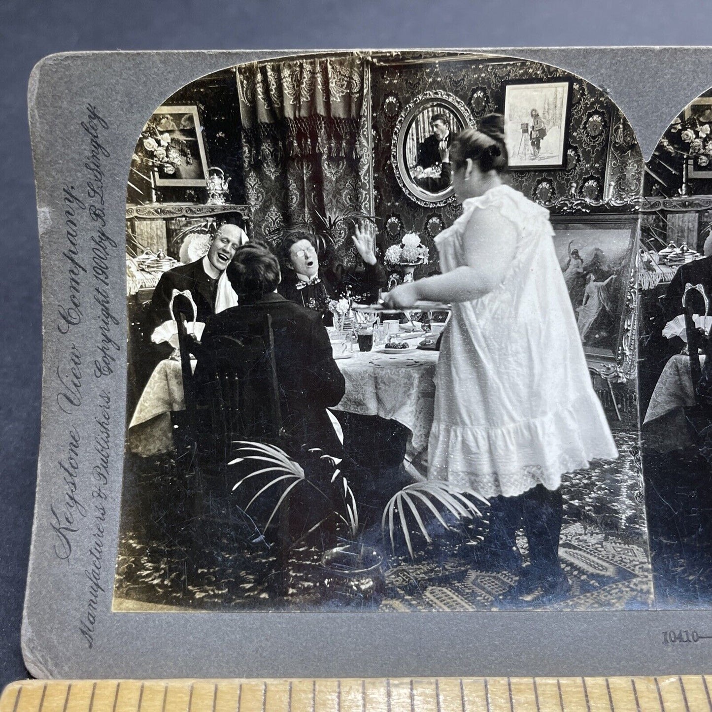 Antique 1900 Woman Threatens If Dining Seat Is Taken Stereoview Photo Card P1989