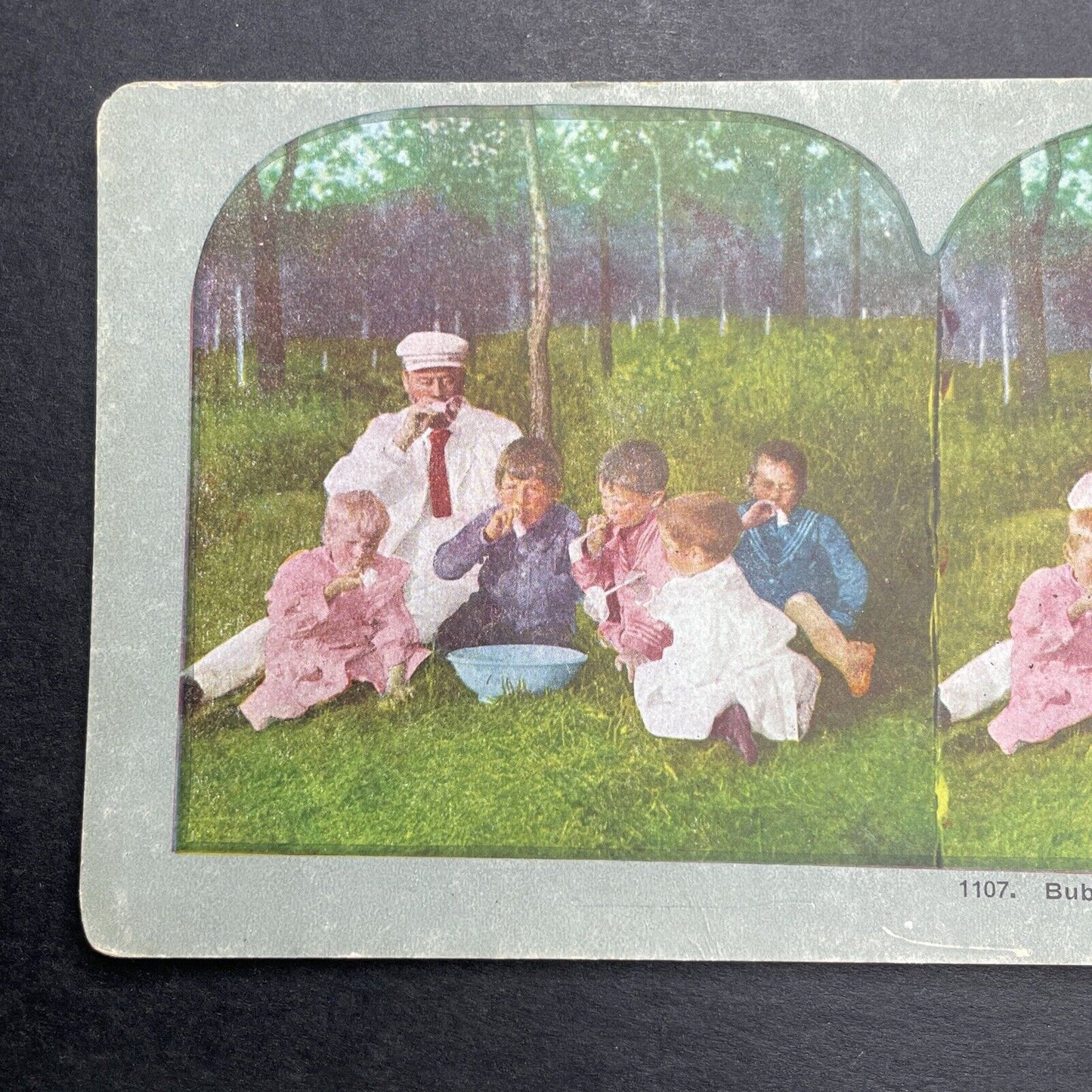 Antique 1892 Blowing Bubbles At A Family Picnic Stereoview Photo Card P1233