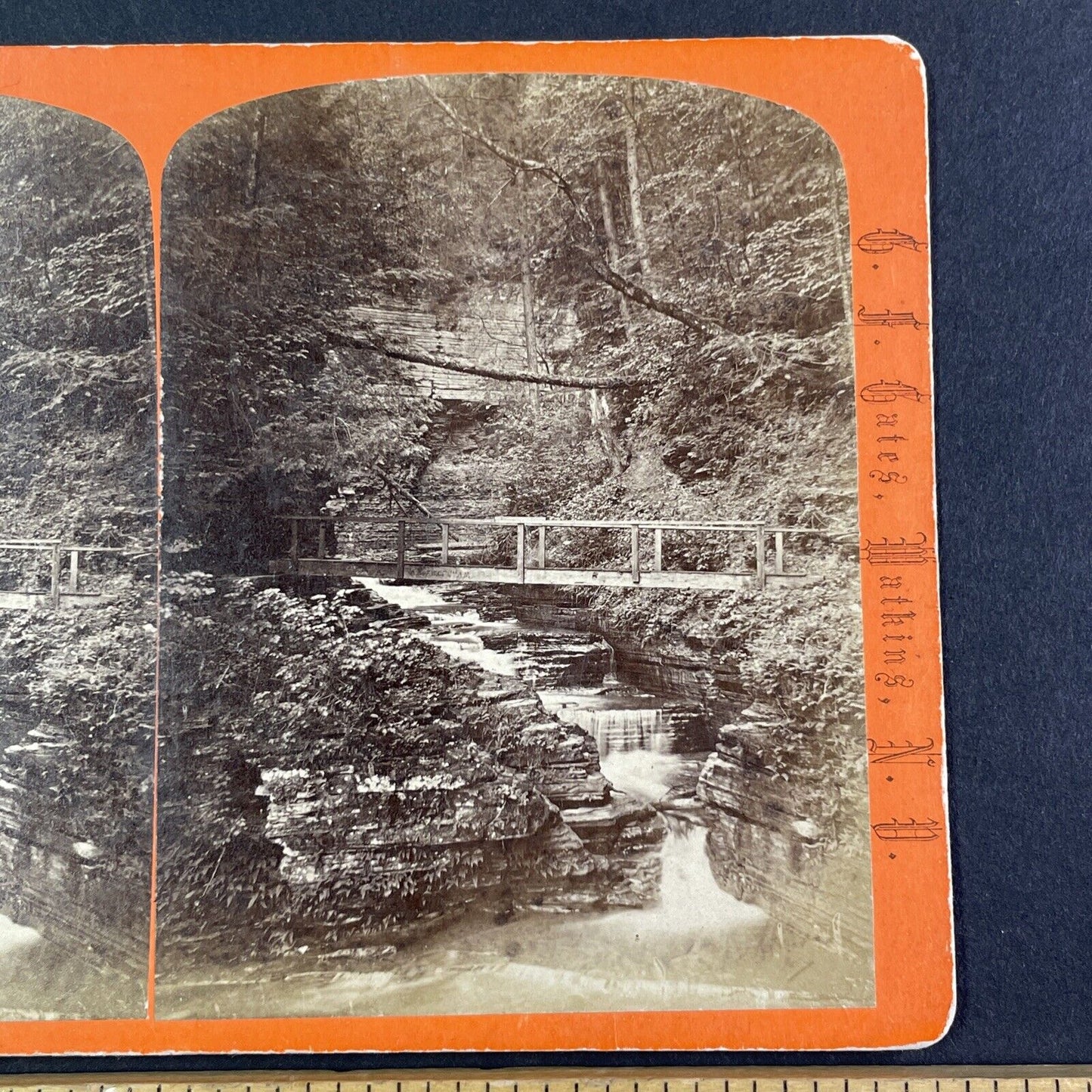 Cascade Bridge Watkins Glen New York Stereoview G.F. Gates Antique c1869 Y2832