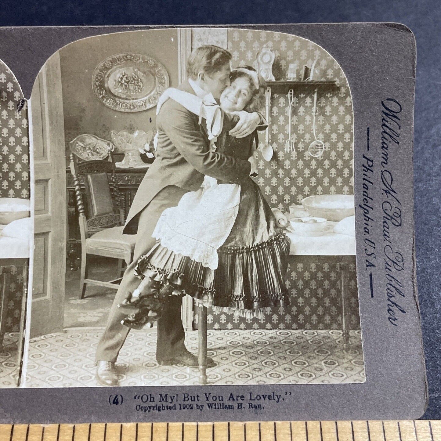 Antique 1902 Man Kisses His Attractive Maid Cook Stereoview Photo Card P5547