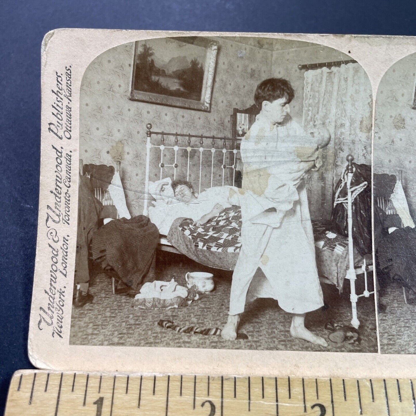 Antique 1899 Man Holds Screaming Baby Stereoview Photo Card P3966