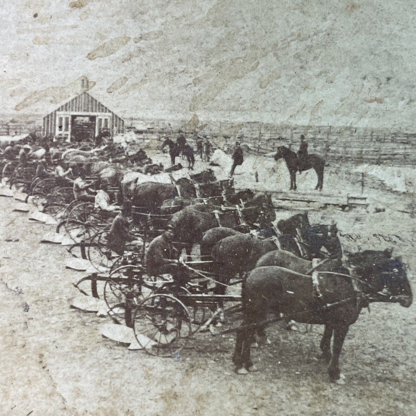 Antique 1860s Starling Sulky Plow Horsemen Stereoview Card DAMAGED P3311