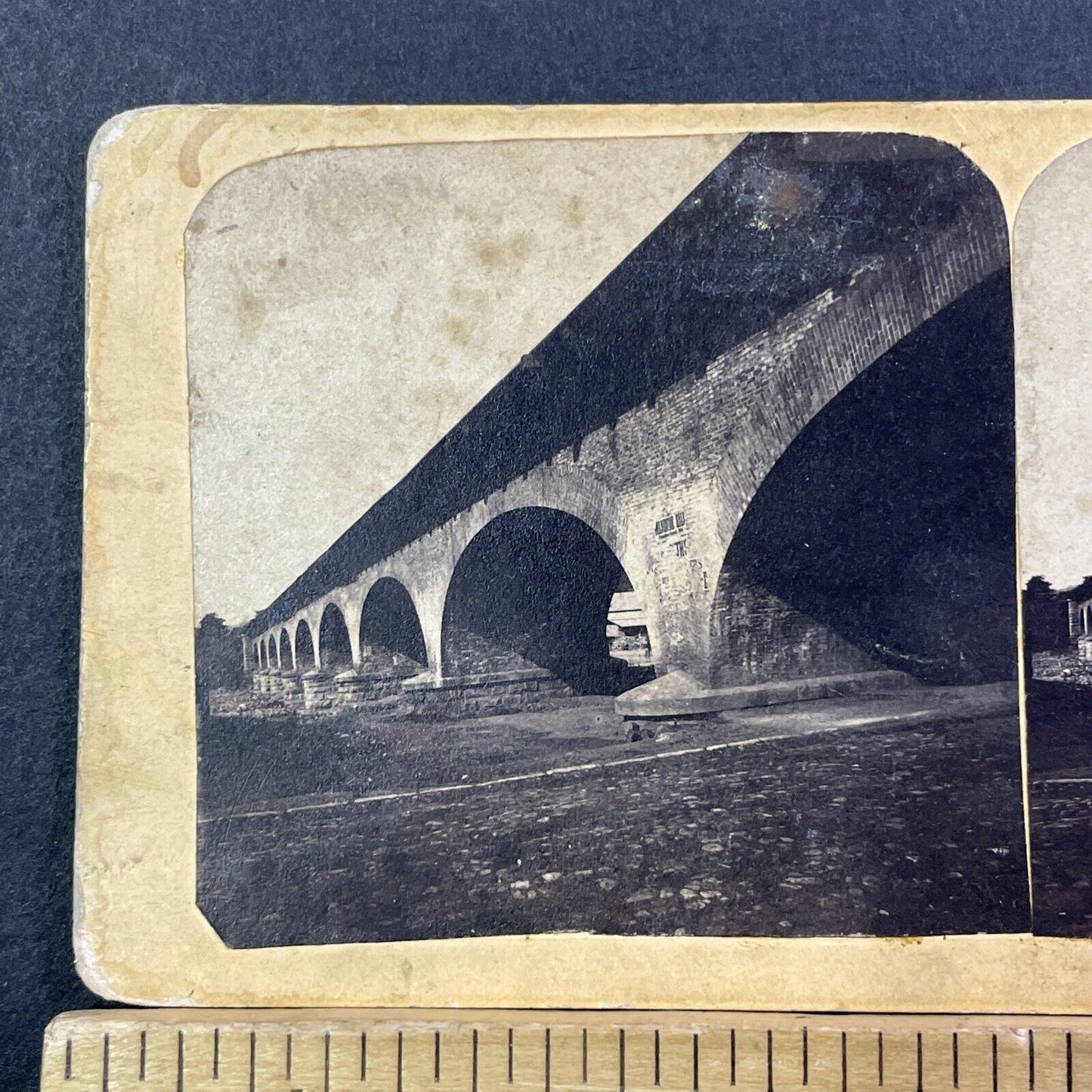 9-Arch Brick Bridge Stereoview Unknown Location Antique c1870 X2430