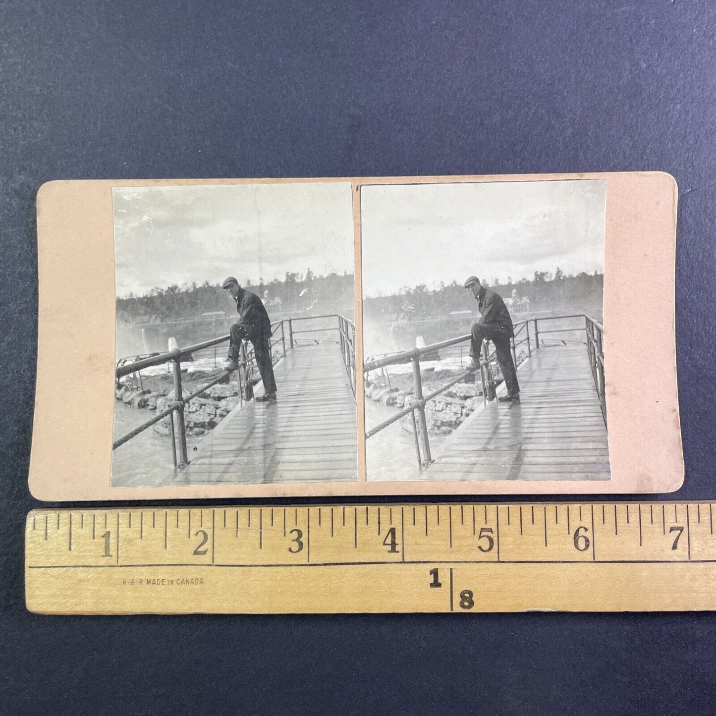 Man Standing at the Top of Niagara Falls Stereoview OOAK Antique c1908 Y2720