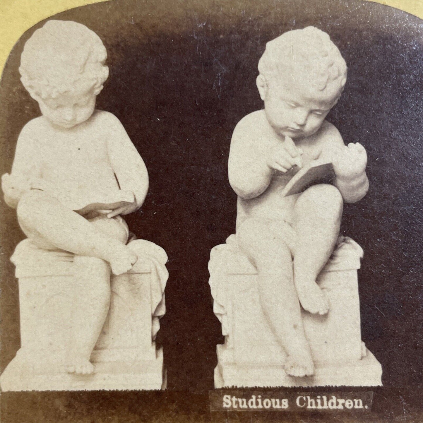 Antique 1870s Studious Children Marble Sculptures Stereoview Photo Card P4697