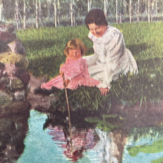 Antique 1899 Mother And Child Playing In Pond Stereoview Photo Card P580-010