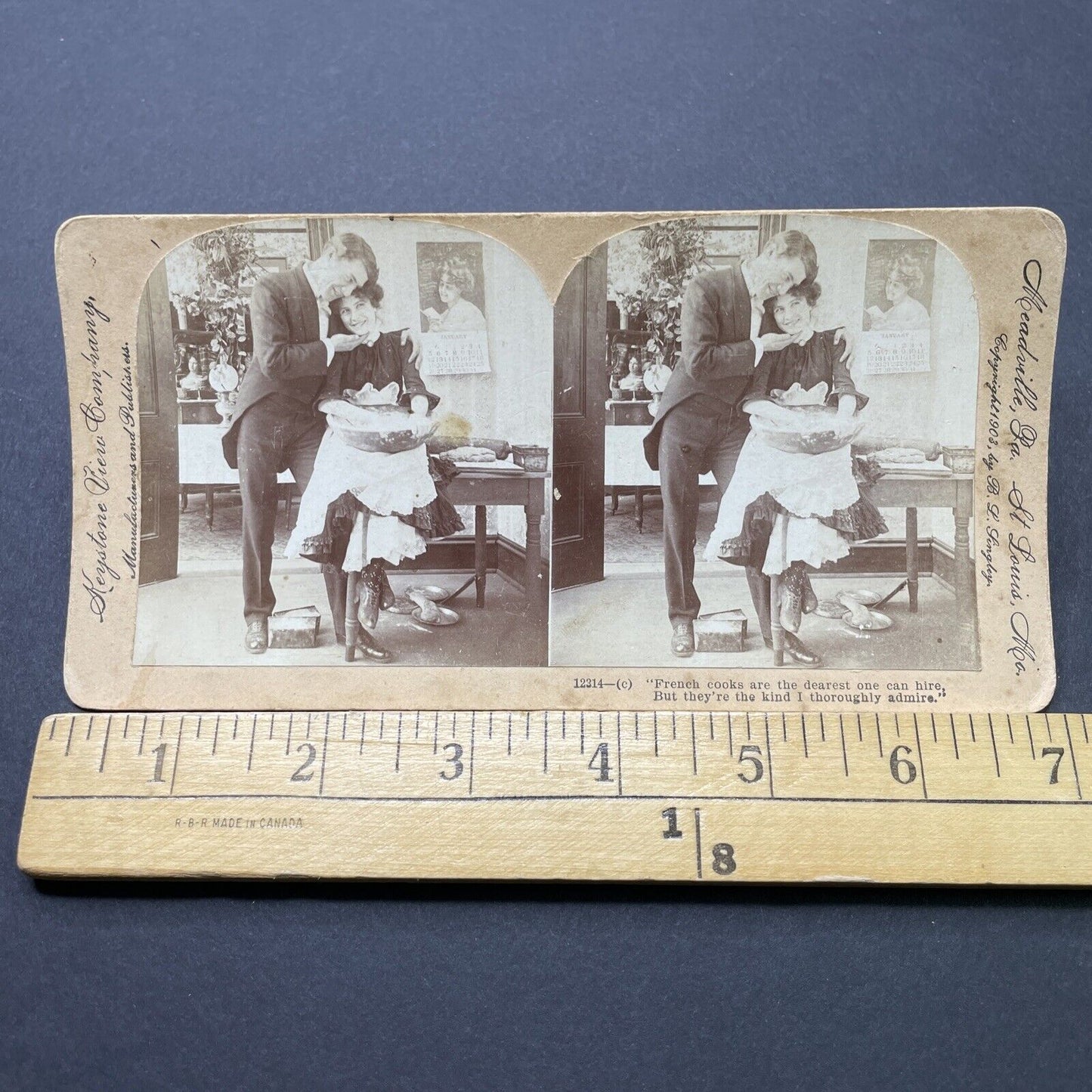 Antique 1903 Man Flirts With His New French Maid Stereoview Photo Card P2596