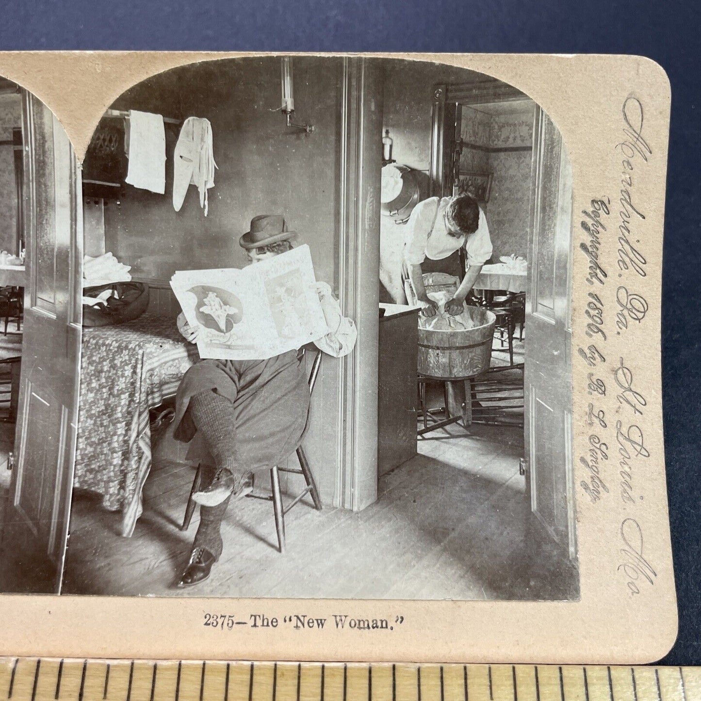 Antique 1896 Feminism & Satire Woman Reads Newspaper Stereoview Photo Card P3507