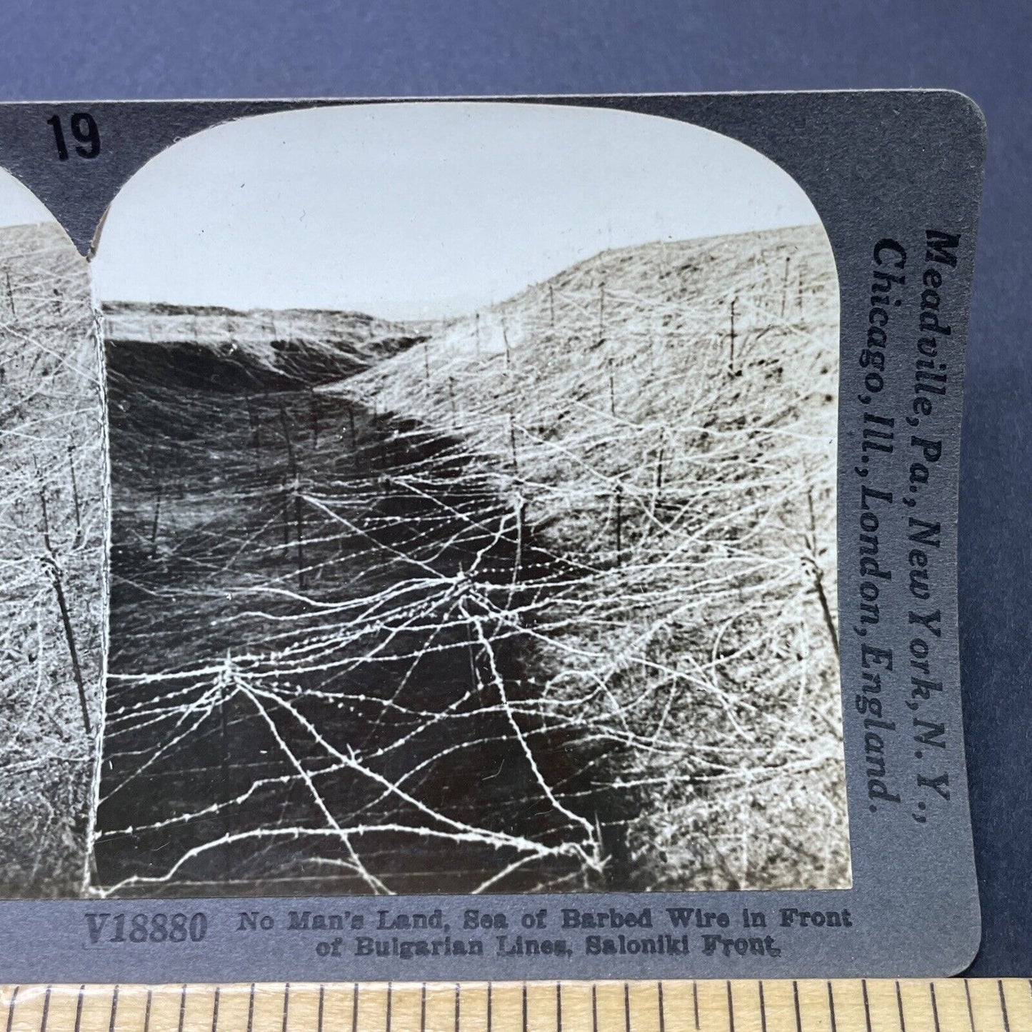 Antique 1917 WW1 No Mans Land Covered In Barbed Wire Stereoview Photo Card P2811