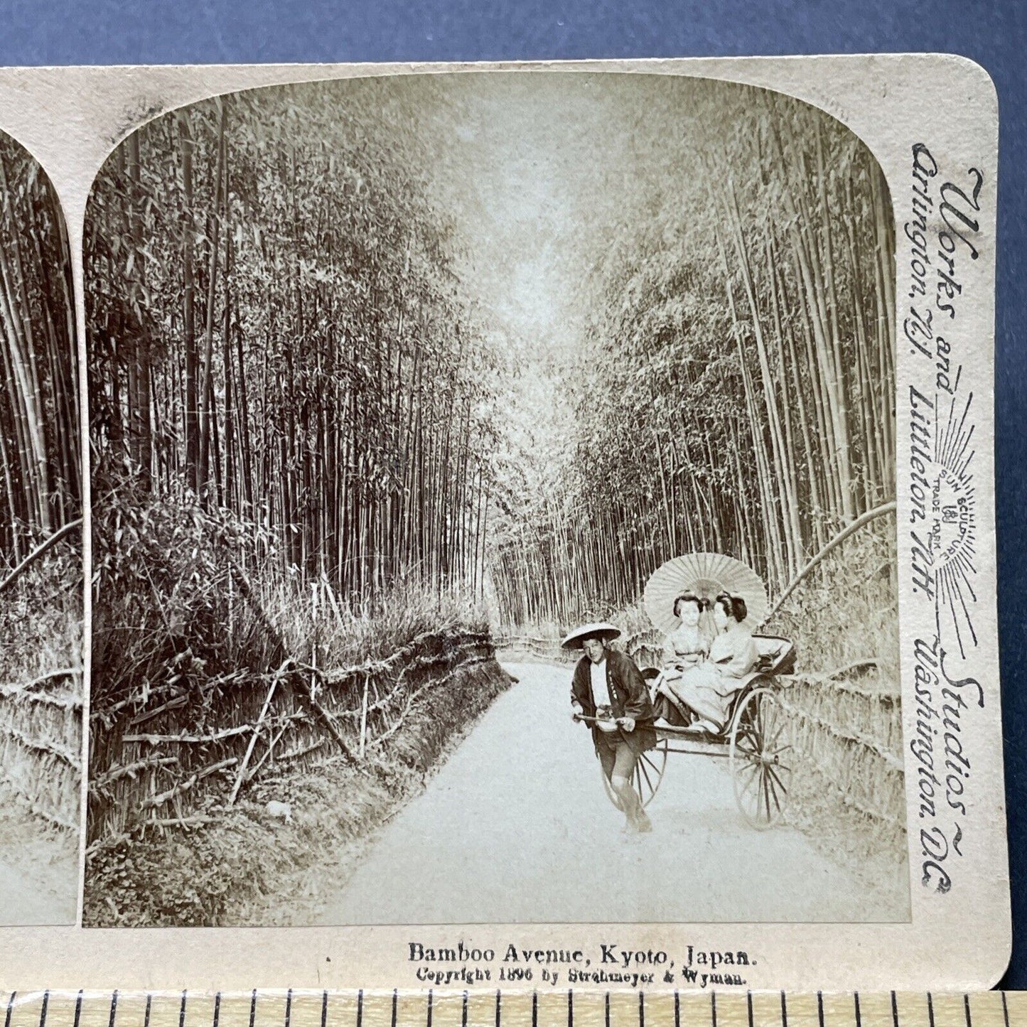 Antique 1896 Japanese Geishas In A Rickshaw Taxi Stereoview Photo Card P2363
