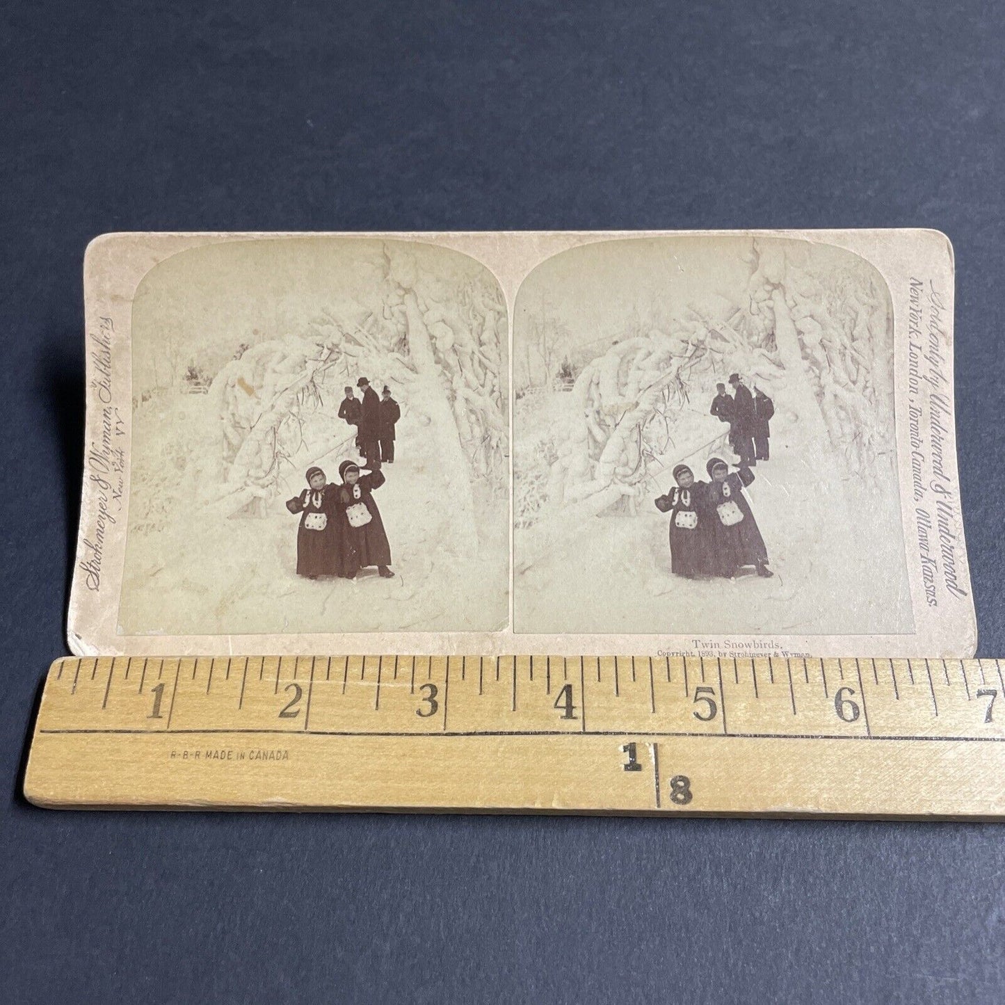 Antique 1893 Two Twins In Snow Snowstorm Stereoview Photo Card P4261
