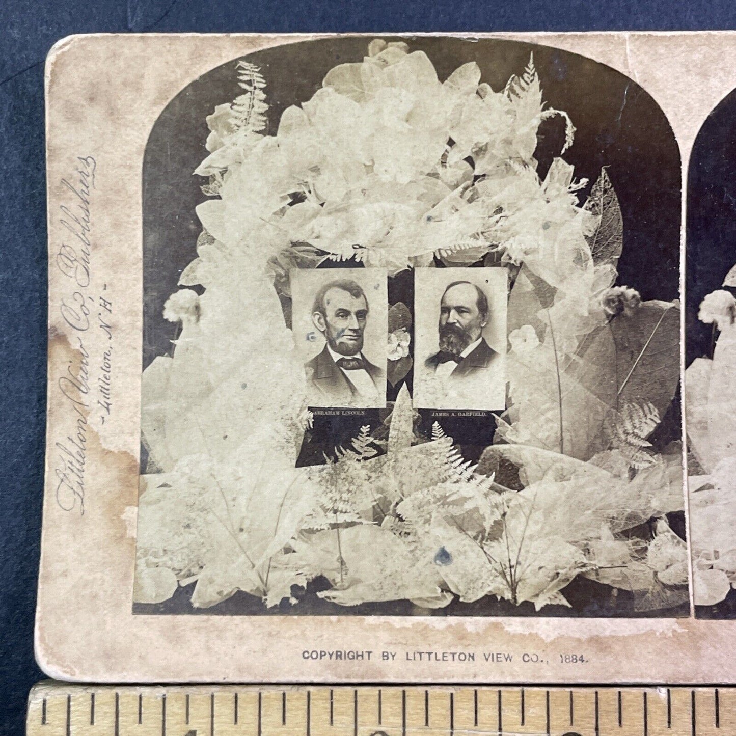 Abraham Lincoln James Garfield Memorial Flowers Stereoview Antique c1884 X3811