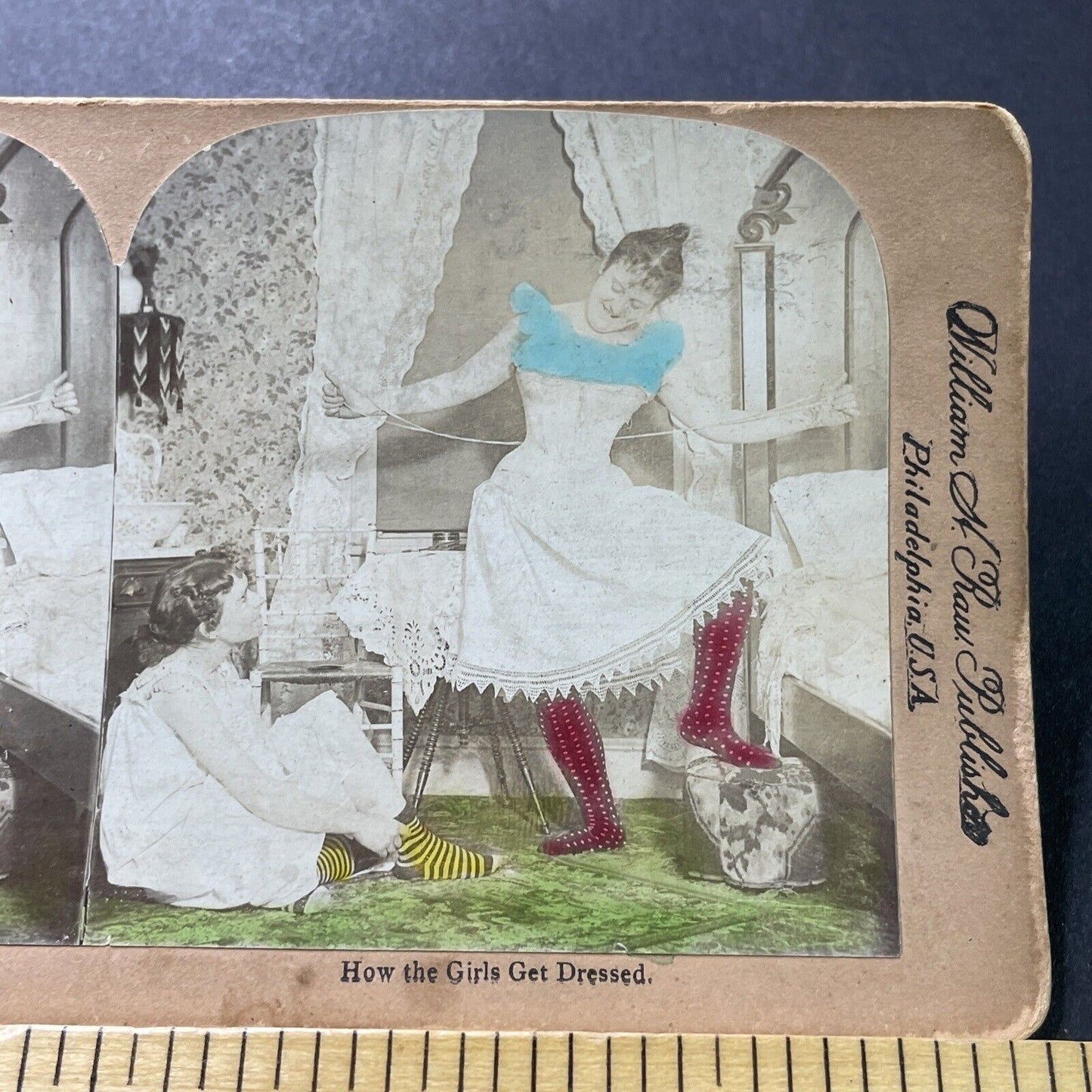 Antique 1890s Women Tying On Their Corsets Stereoview Photo Card P4001