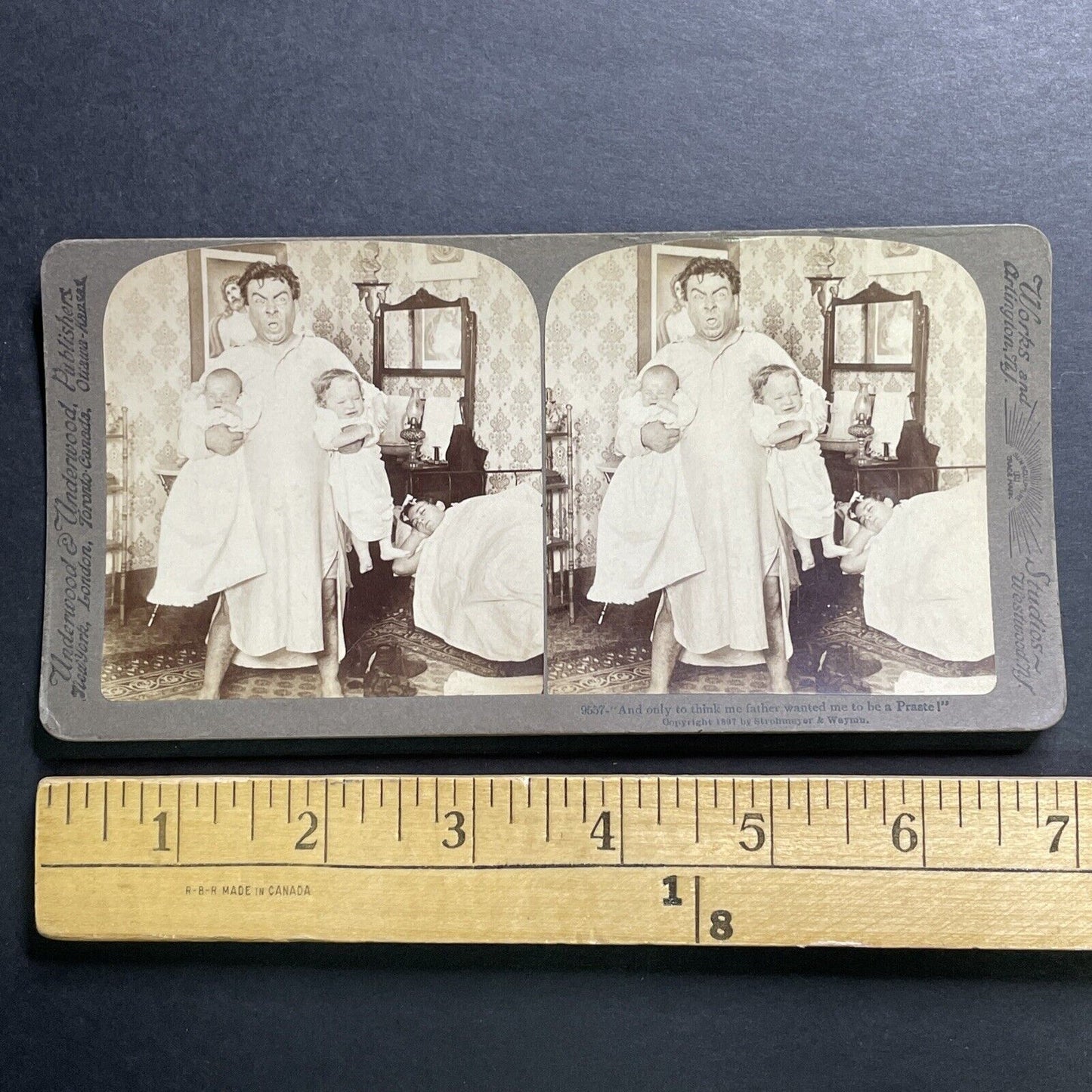 Antique 1897 Father Overwhelmed Sleepless Children Stereoview Photo Card P1352