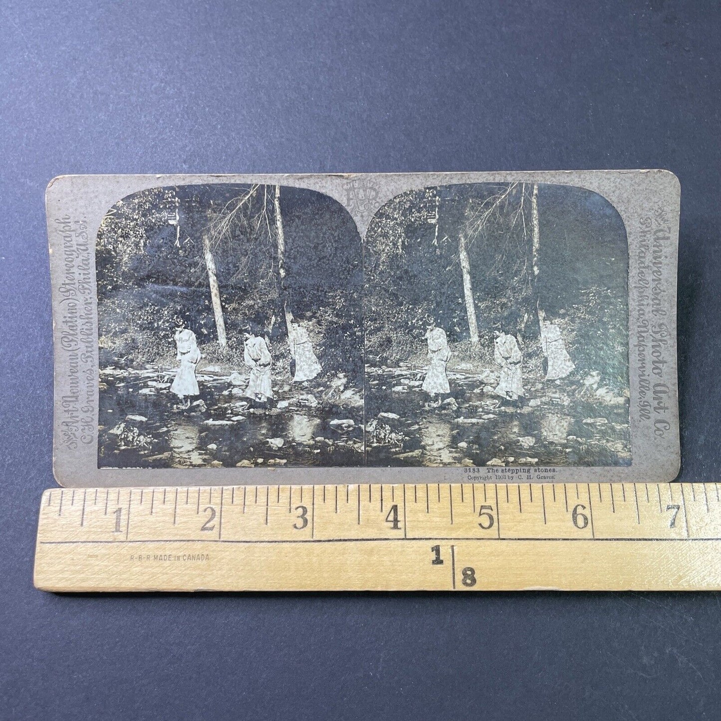 Antique 1903 Women Cross River In Flower Dresses Stereoview Photo Card P2975