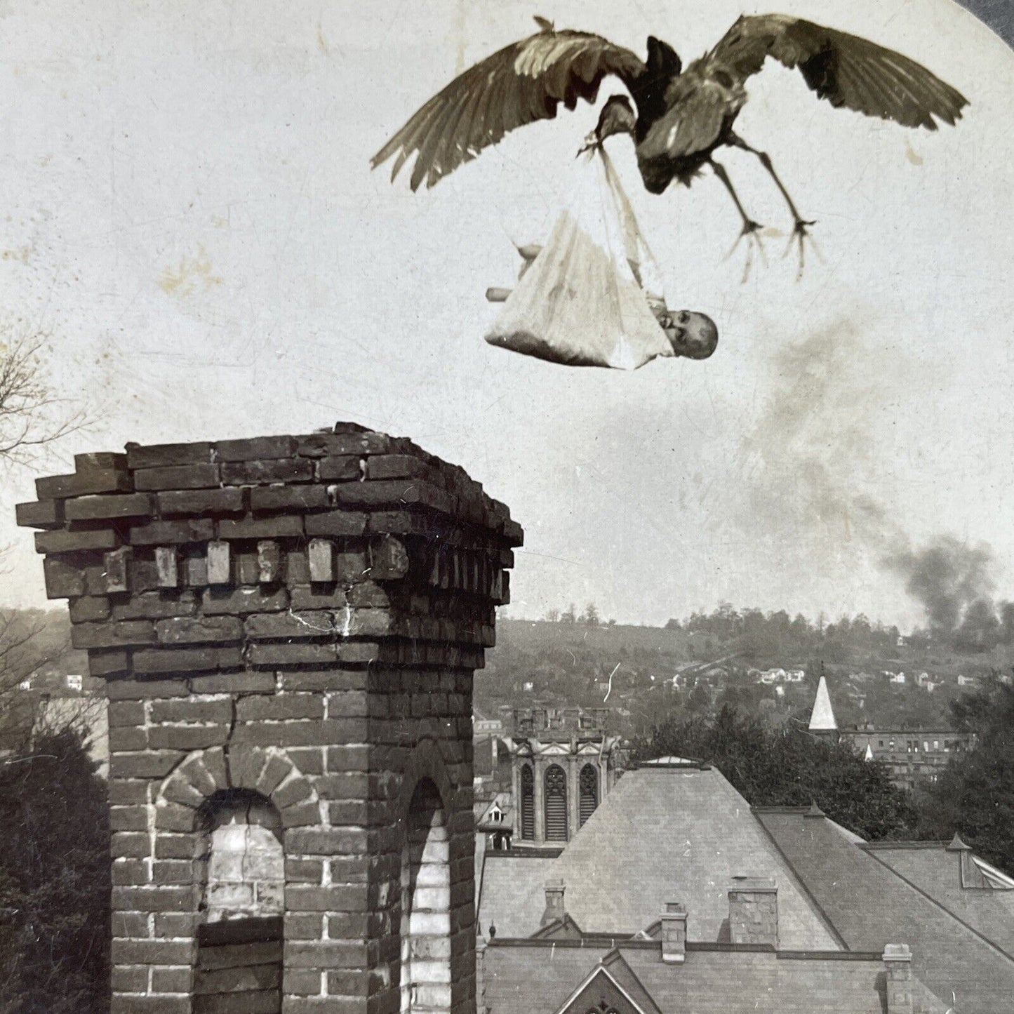 Antique 1907 Stork Carries Baby Over Village Stereoview Photo Card P2882