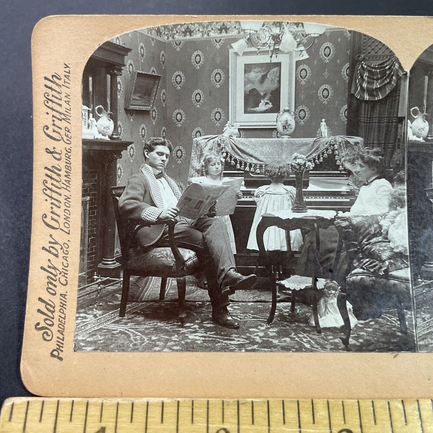 Antique 1901 Family Time In The Piano Parlor Room Stereoview Photo Card P3431