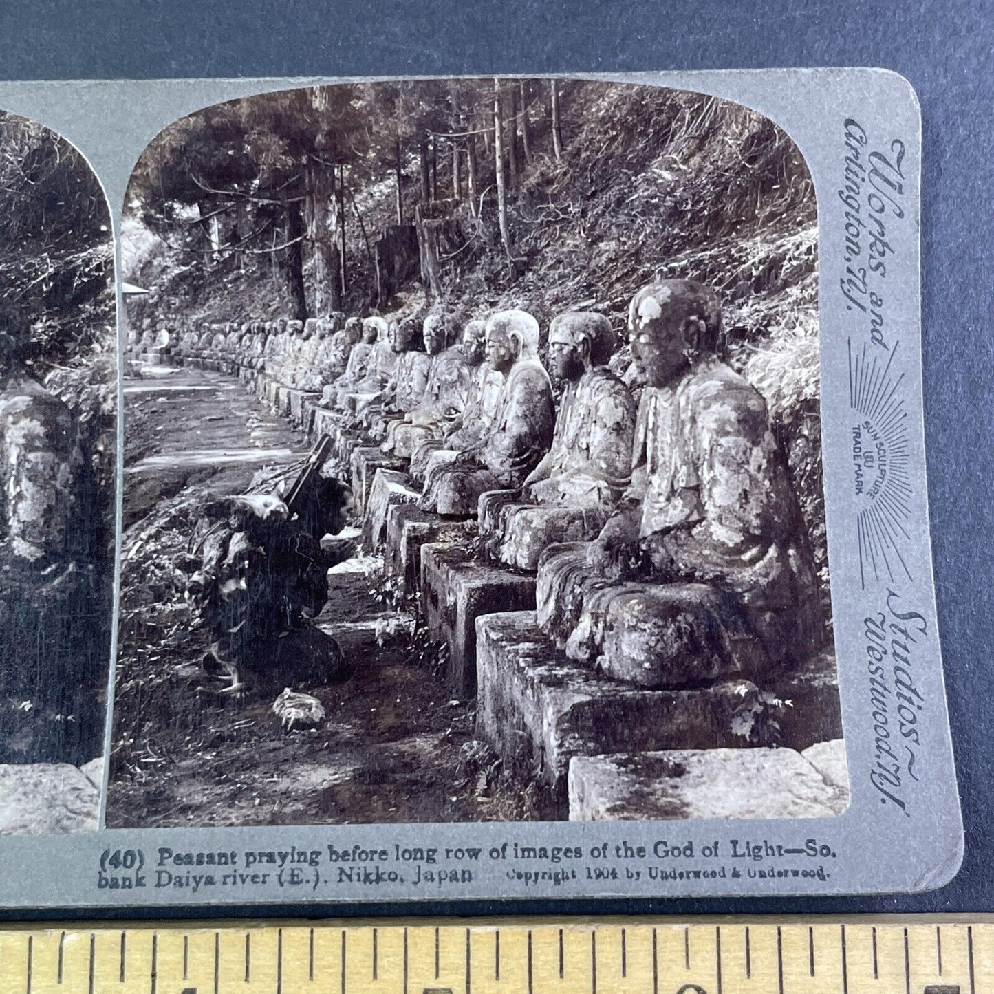 Worshipper Prays to Stone Gods in Nikko Japan Stereoview Antique c1904 Y2598