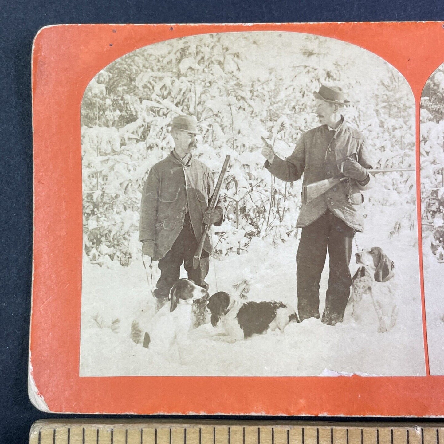 Hunters With Beagle Dogs in the Snow Stereoview Kilburn Antique c1884 X4116