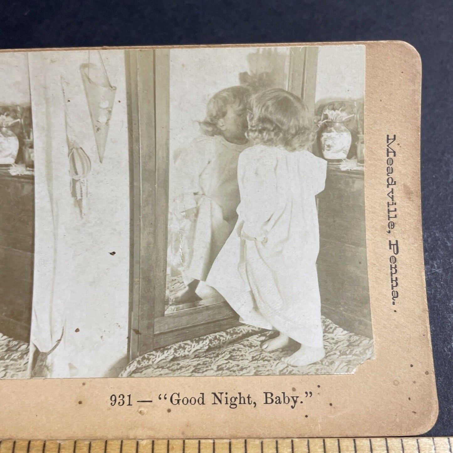 Antique 1880s Child Kisses Herself In The Mirror Stereoview Photo Card P4650
