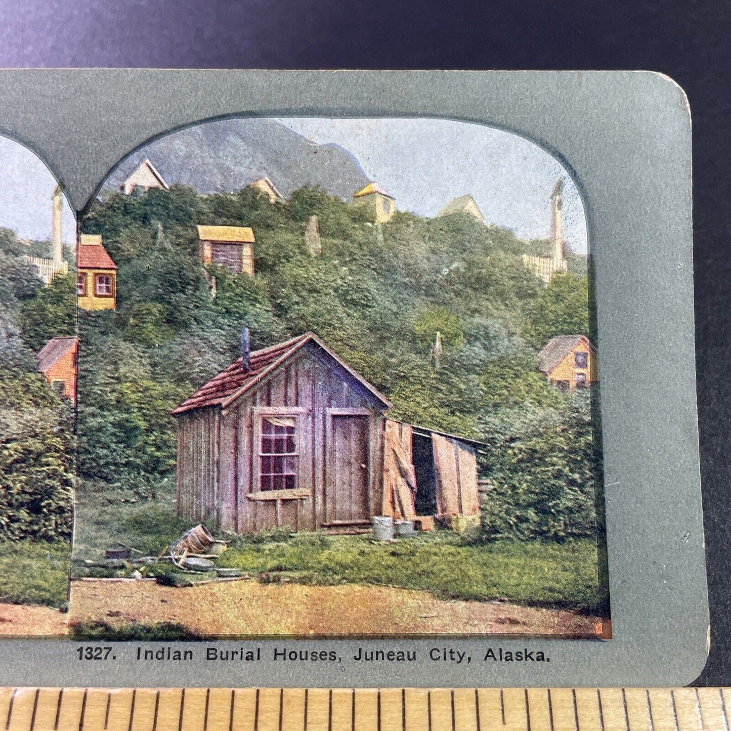 Antique 1905 Native Indian Burial Huts Juneau Alaska Stereoview Photo Card P3316