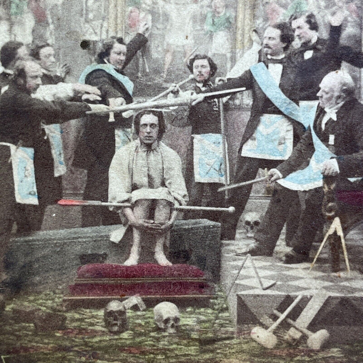 Antique 1860s Knight Kadosh Skull Ceremony Freemasons Stereoview Photo Card V473