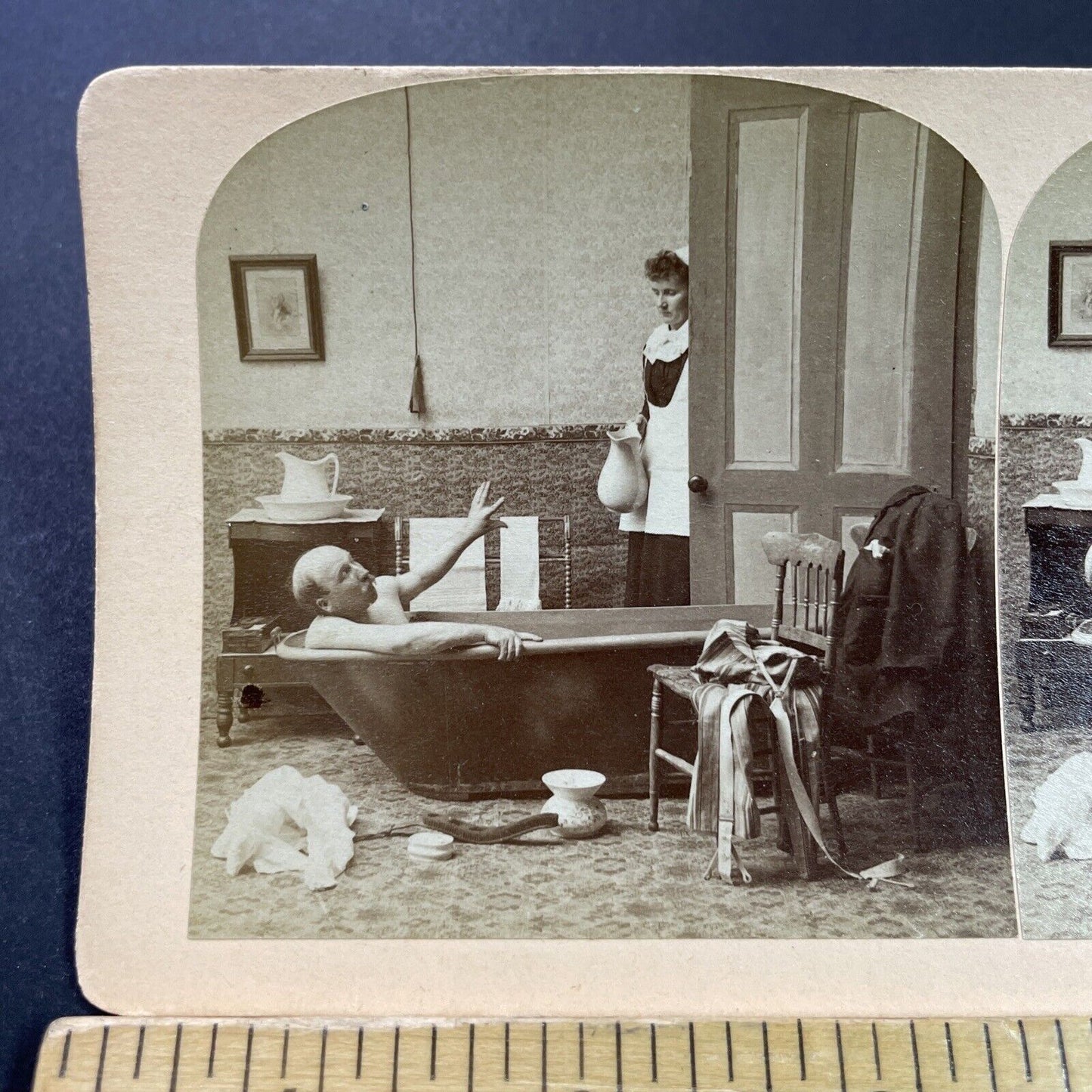 Antique 1880s Maid Barges In On Naked Man In Tub Stereoview Photo Card P3994