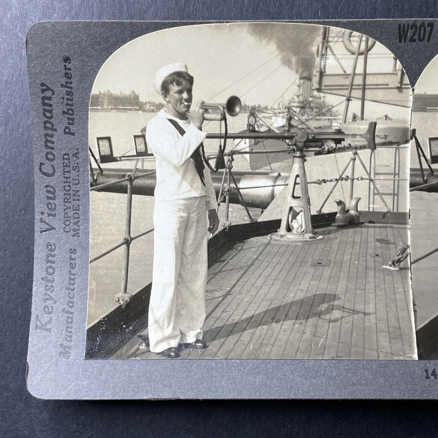 Antique 1909 US Navy Bugler Calls Battleship Seaman Stereoview Photo Card P1012