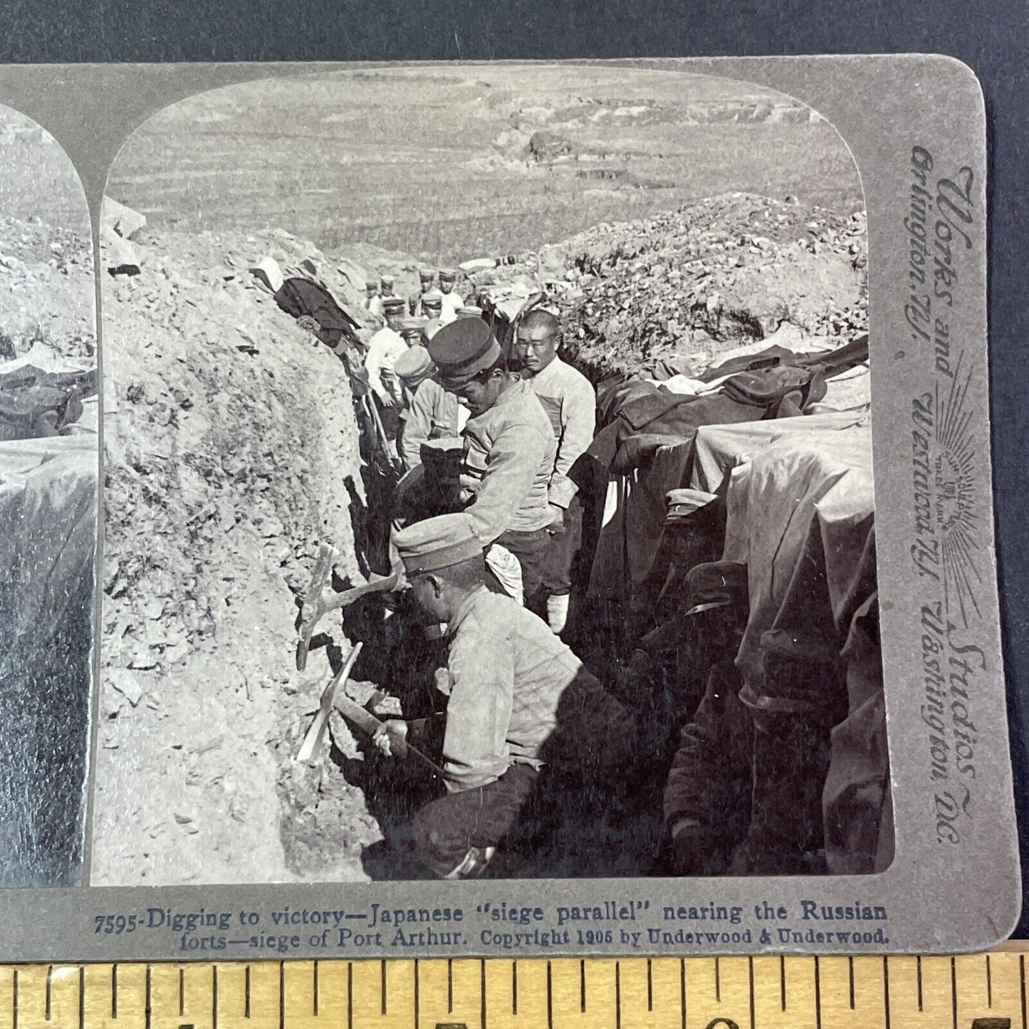 Japanese Soldiers Digging Trenches Stereoview Dalian China Antique c1905 X2807