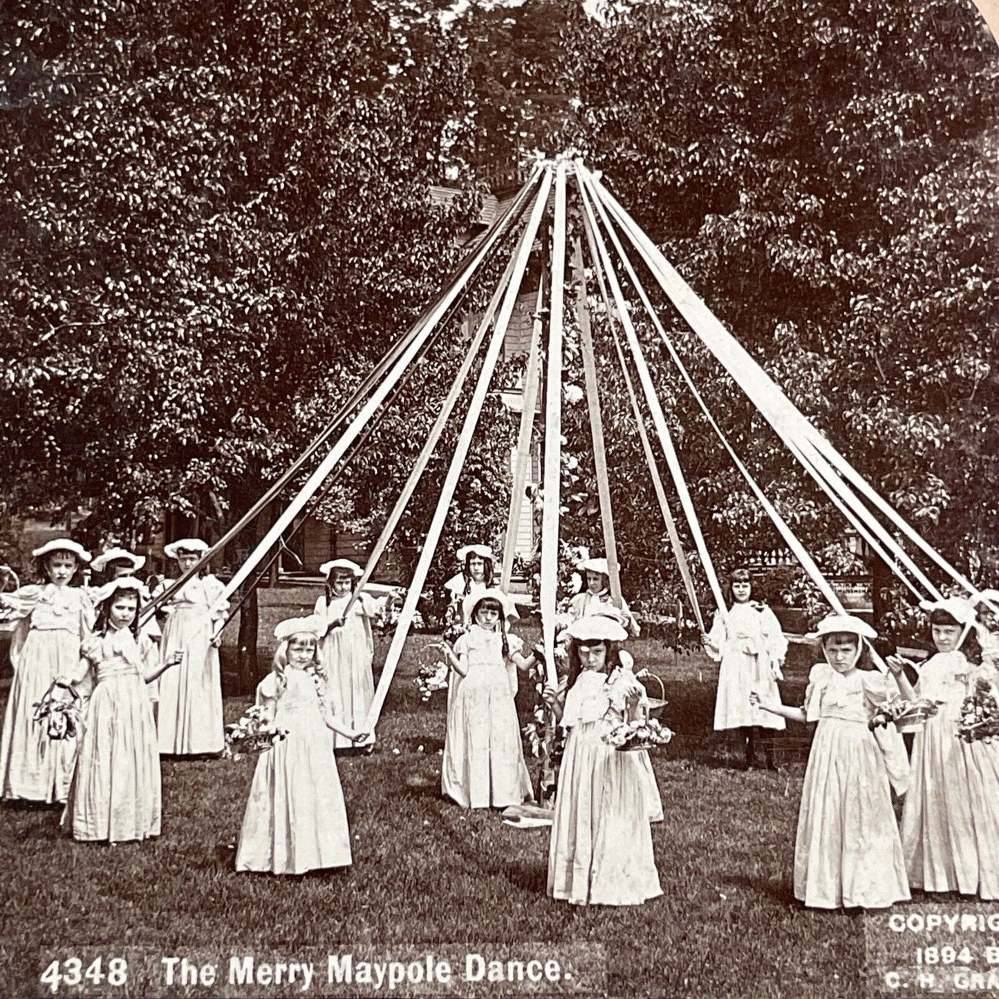 Girls Learning The Maypole Dance Stereoview CH Graves Antique c1894 X3517