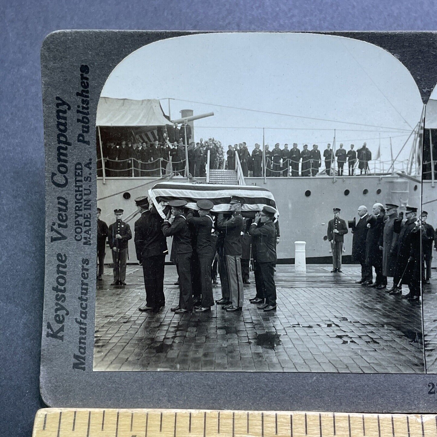 Antique 1910s US Soldier Repatriated Casket Funeral Stereoview Photo Card V3600